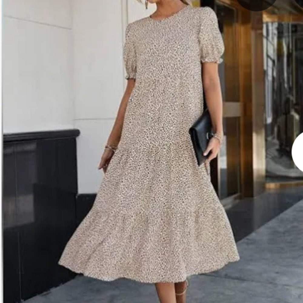 Pretty garden leopard print midi dress 3 tiers cap balloon sleeve cream brown S